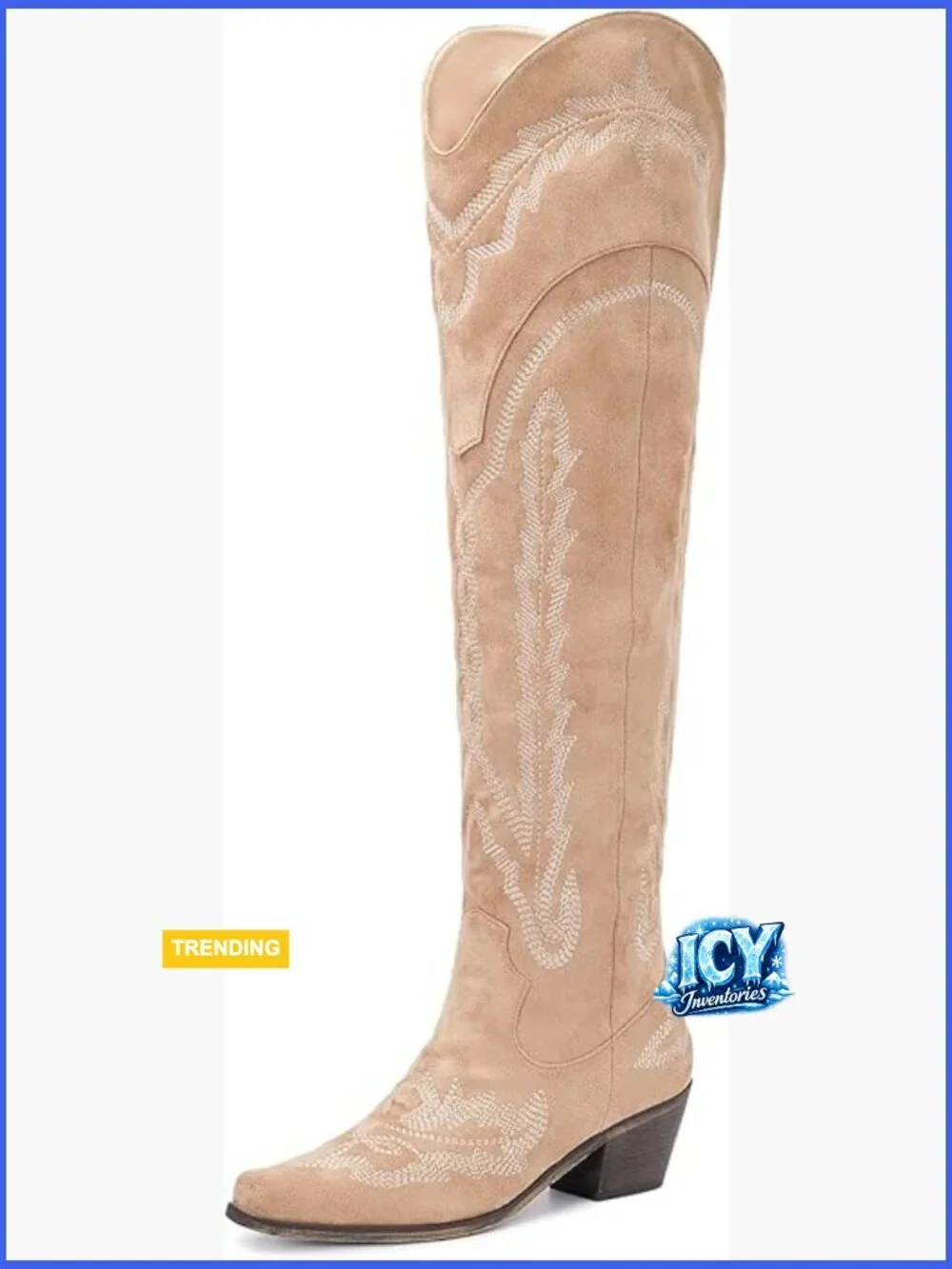 Over the Knee Embroidered Cowboy Boots Chunky Heel Suede Side Zip